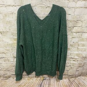 Listicle Green Gold Sequin Soft V Neck V Back Sweater